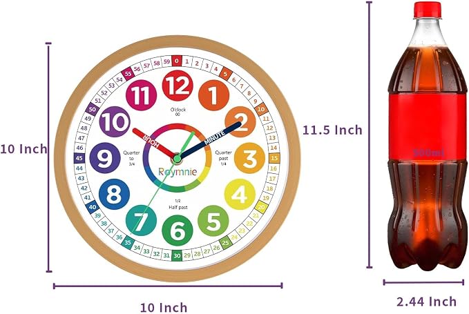 Roymnie Wall Clock 10 Inch for Kids Learning Easily Kids Teaching Clock Analog