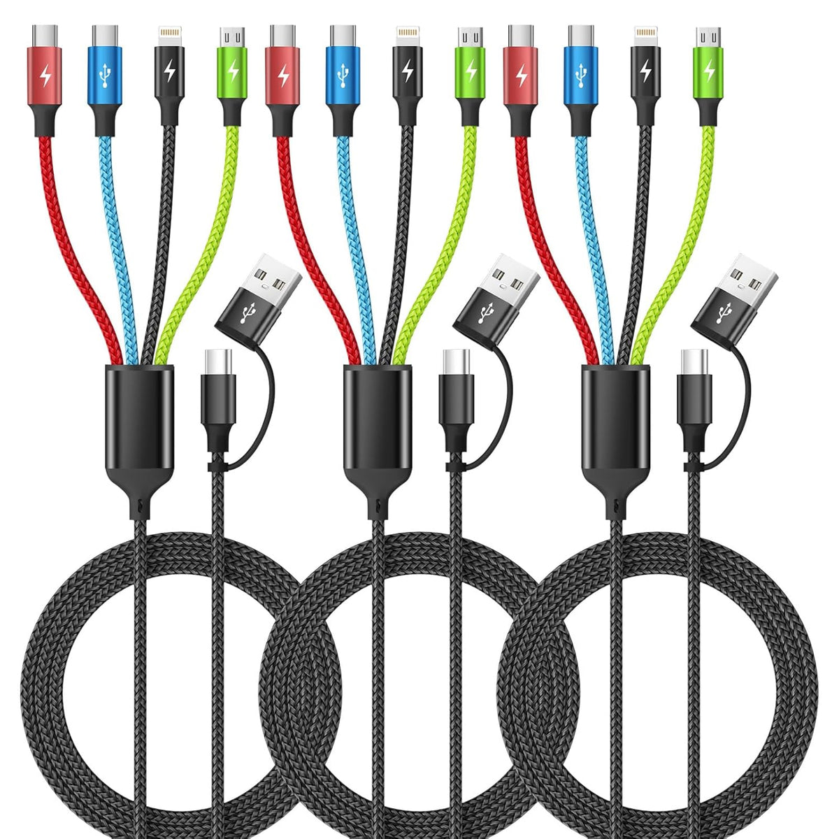 Travel Essentials 4 in 2 Multi Charging Cable [3Pack 5FT], Car Accessories Charging Cable, Chargers for Multiple Devices ith IP/Type C/Type C/Micro, Compatible with Most Phones/Tablets and More