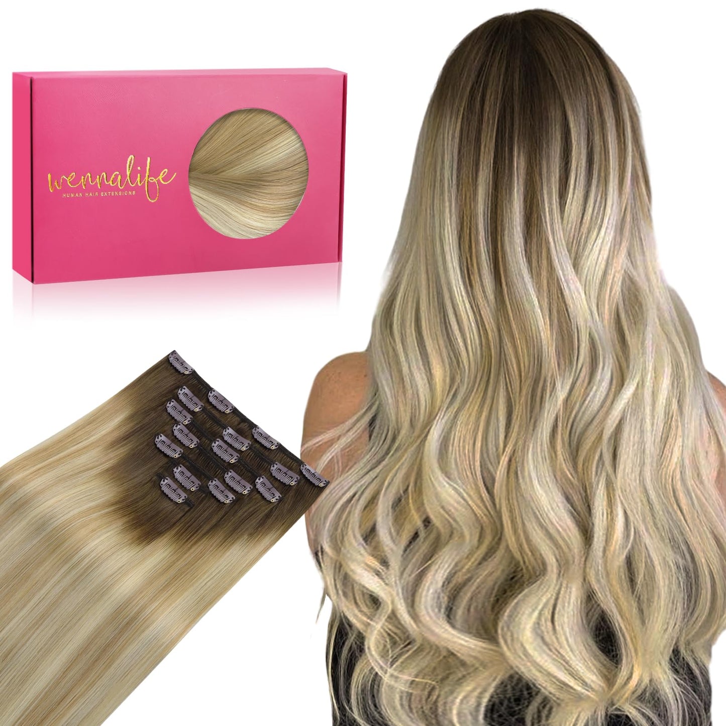 Wennalife Clip In Hair Extensions Real Human Hair, 20 Inch 120G 7Pcs Human Hair Extensions Clip In Human Hair, Balayage Light As