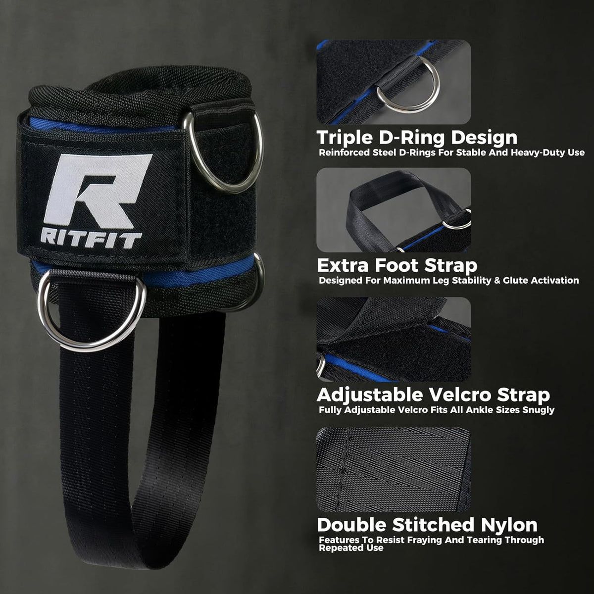 RitFit Kickback Ankle Straps - Padded Neoprene Cuffs with Strong Hook & Loop for Enhanced Abs, Glutes & Legs