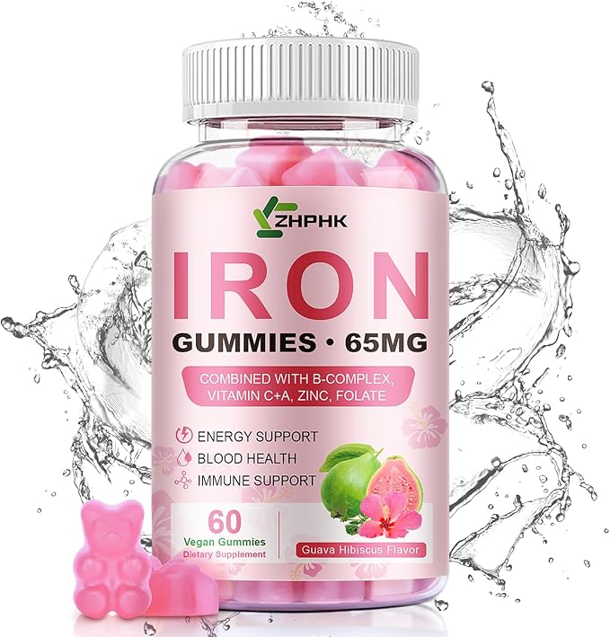 Iron Gummies Vitamin Supplement 65mg & Vitamin C 250mg per Serving with B6 B12 Folate- Energy Support for Iron Deficiency, Anemia, Vegan Guava Hibiscus Flavor, 60 Count