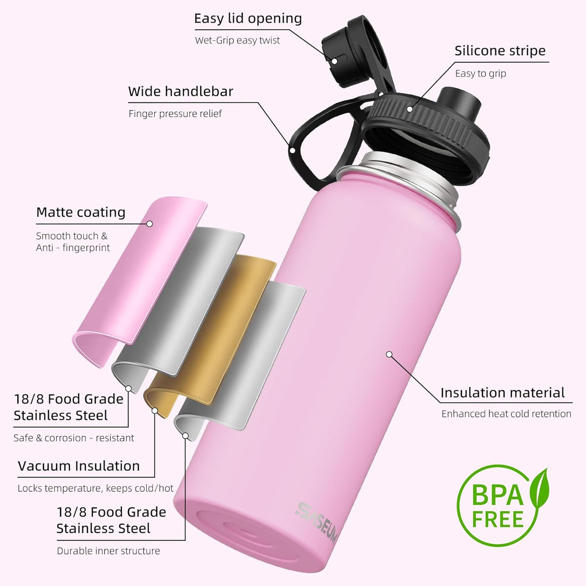 SASEUM 32oz Stainless Steel Sport Water Bottle - Double Wall Insulated Mug with Leak-Proof Spout | Pink