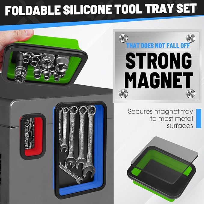 Collapsible Magnetic Parts Tray Set, 3 Different Size Tool Trays Foldable Silicone Magnetic Tool Trays for Bolts, Screws, Nuts & Other Small Metal Parts, Magnetic Square Silicone Bowls Red Blue Green