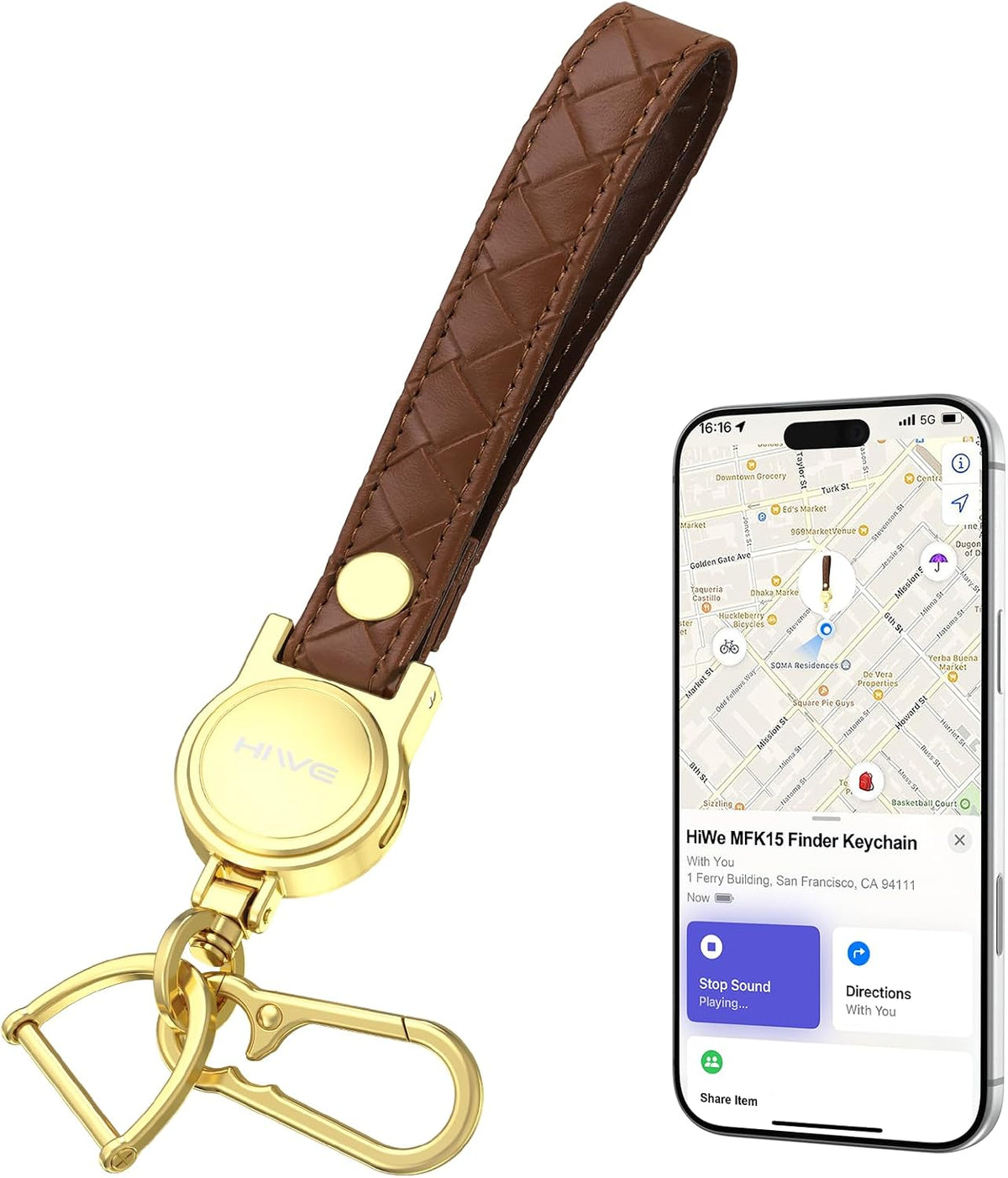HiWe Anti-Lost Keychain, Works with Apple Find My, Carabiner Car Key Holder with Texture Leather Strap, Bluetooth Key Finder Tracker, USB-C Rechargeable, Brown