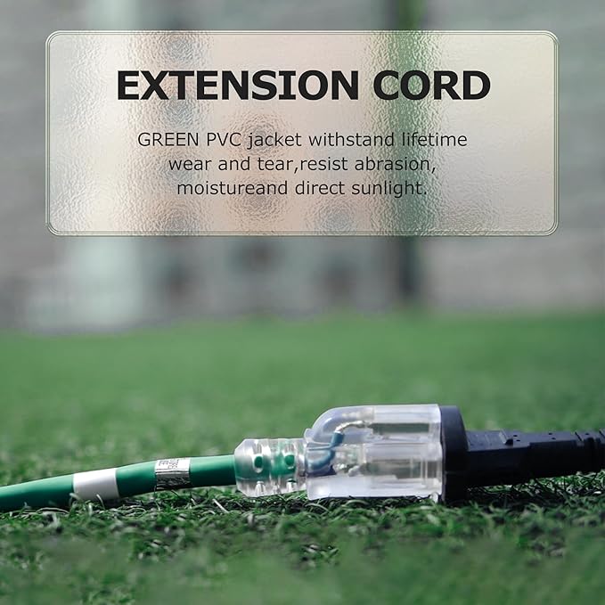 YOJOE Indoor Outdoor Extension Cord with Lighted End, 3 Prong 13A Weatherproof Power Cord, 16 Gauge Heavy Duty 12 ft Green Extension Cord for Garage, Garden and Home, 16/3 SJTW UL Listed