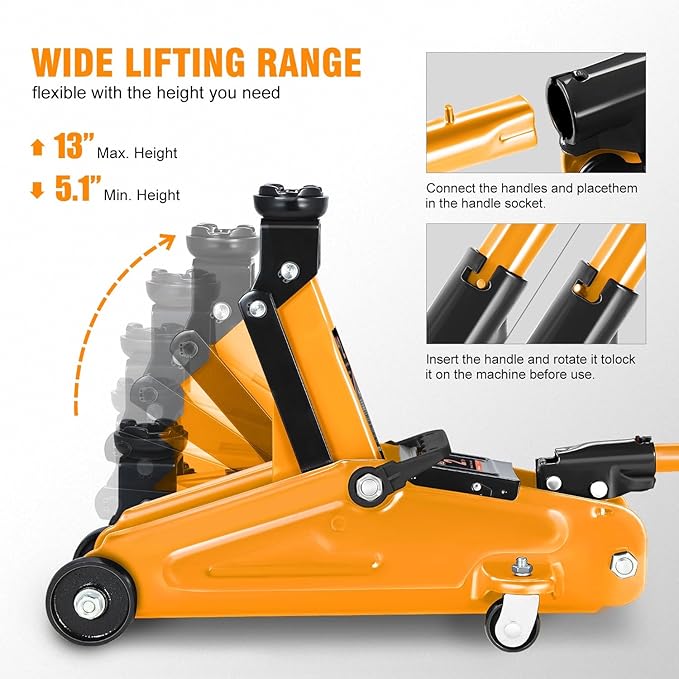 PM PERFORMOTOR Low Profile Hydraulic Trolley Service/Floor Jack, 2 Ton (4000 lbs) Capacity, Lifting Range 5.1"-13",Orange,PM-TOL-FJ20-OG