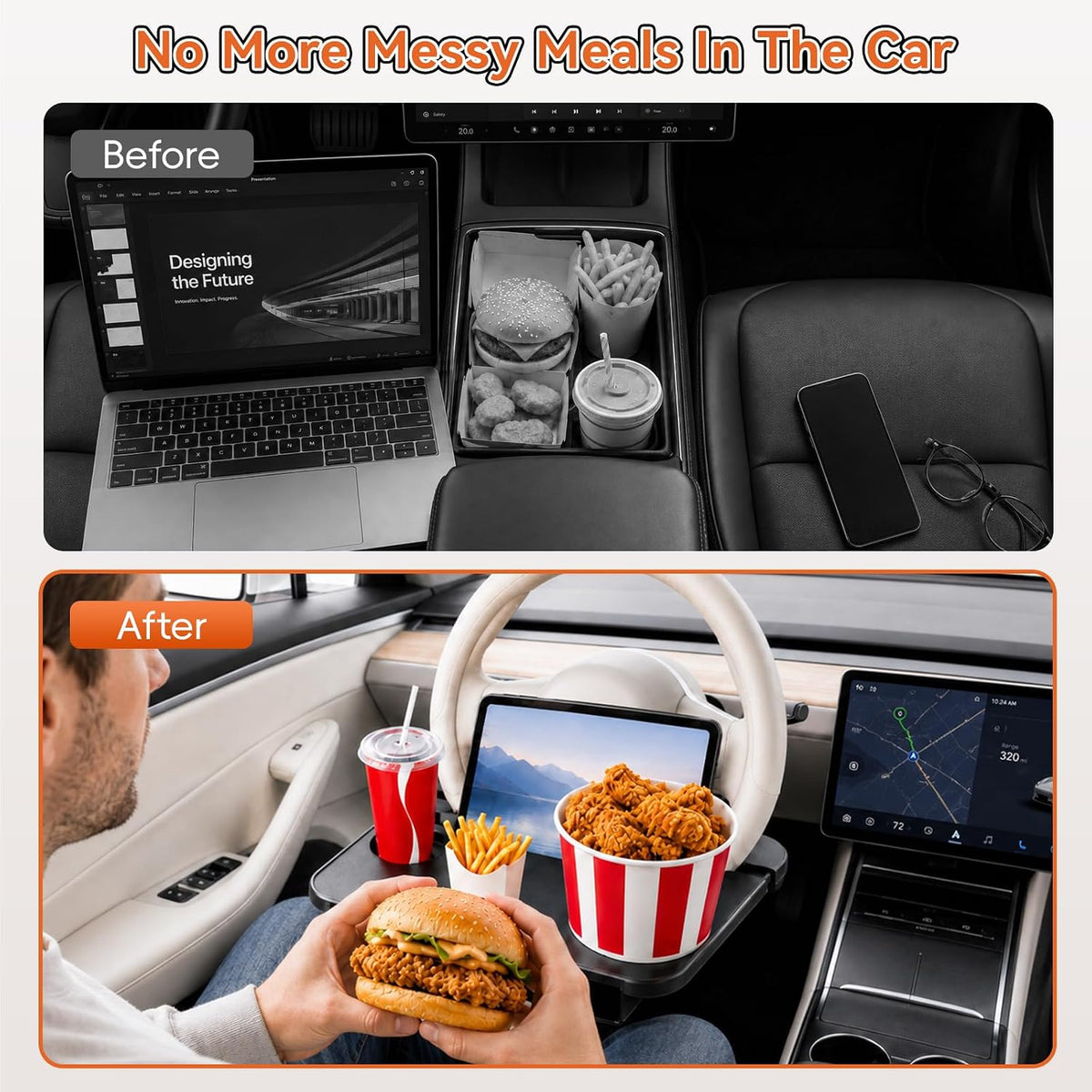 2-in-1 Steering Wheel Tray and Car Seat Gap Organizer for Drivers, Adjustable Food Tray and Laptop Desk Table for Eating, Working, Writing, Road Trips, Fits Most Cars, SUVs and Minivans