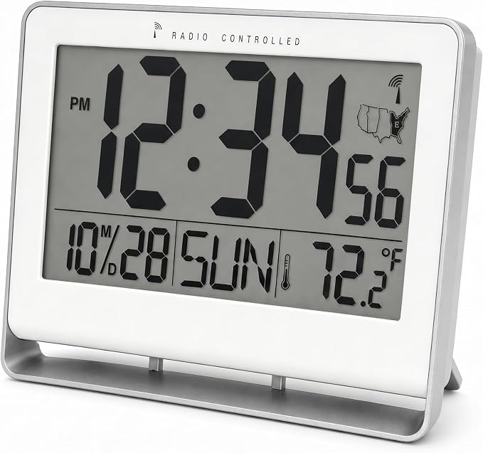Atomic Digital Wall Clock, Battery-Operated, Large 2" LCD Numbers, Self-Setting