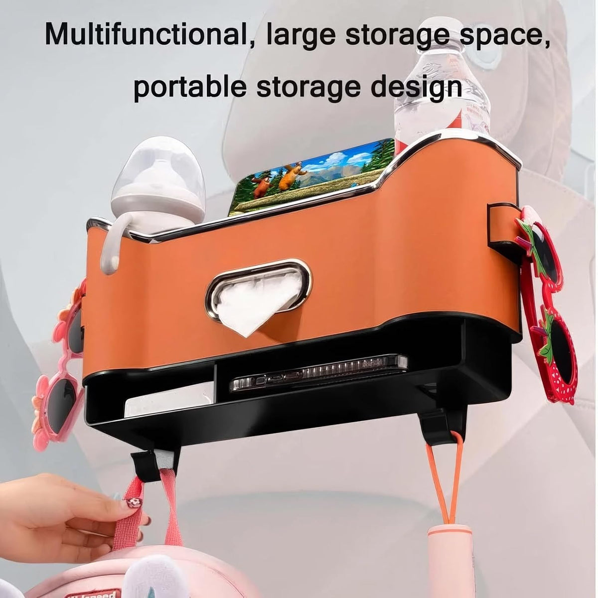 Multifunctional Car Backseat Organizer with Cup Holder, Tissue Box, Trash Bin & Hooks, 3-in-1 Back Seat Car Organizer for Hold Phones, Snacks, Drinks, and Handbags (Original Model - Off-White)