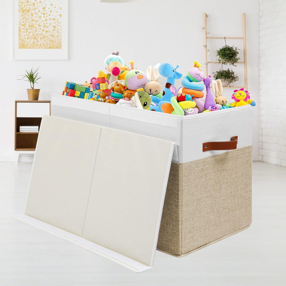 Gowee Large Toy Storage Box with Lid, Sturdy Toys Storage Chest Bin Organizer Basket with Dividers for Kids, Boys, Girls, Nursery, Closet, Bedroom, Playroom 25"x13" x16" (Beige and White)