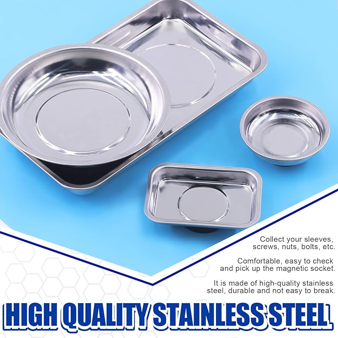 Glarks 5 Pieces Magnetic Tool Trays with Magnetic Pickup Tool Set 3" 6" Round Magnet Bowl and 9.5" x 5.5" / 3.6" x 2.4" Rectangular Magnet Parts Tray for Socket Screw Nuts Bolts Pins Metal Tool