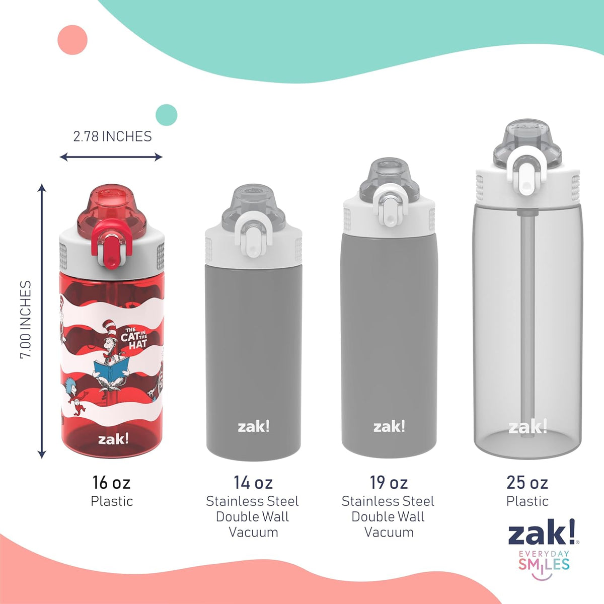 Zak Designs Dr. Seuss Kids Water Bottle - 16oz Durable Plastic with Straw & Leak-Proof Spout | The Cat in the Hat