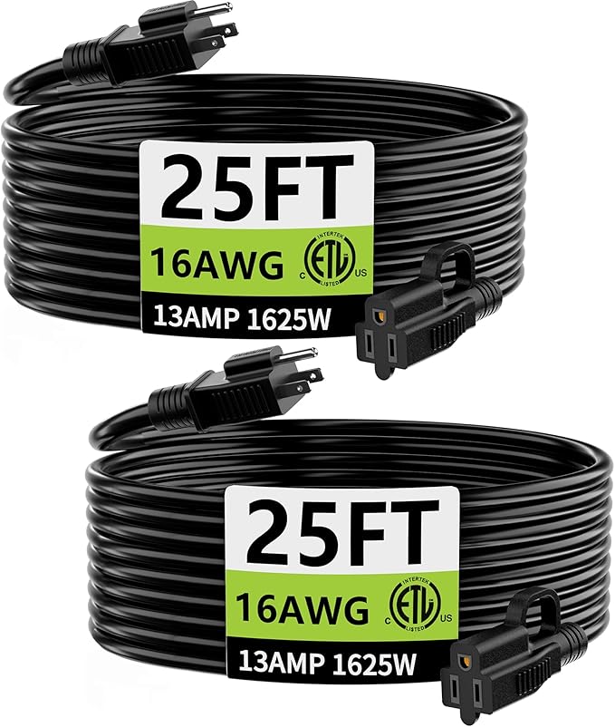 HUANCHAIN Indoor Outdoor Black Extension Cord 25 ft 2 Pack Waterproof, 16/3 Gauge Flexible Cold-Resistant Appliance Cable Outside, 13A 1625W 16AWG SJTW, 3 Prong Electric Cord, ETL