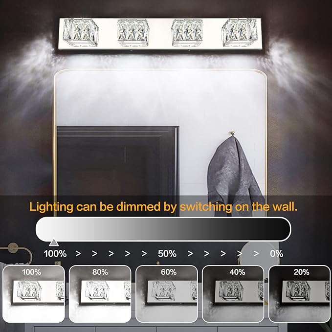 ZUZITO 4 Lights Bathroom Vanity Light - Crystal Modern Vanity Lights for Bathroom - Dimmable 24W LED Chrome Bath Light Fixtures Over Mirror Cool White Light