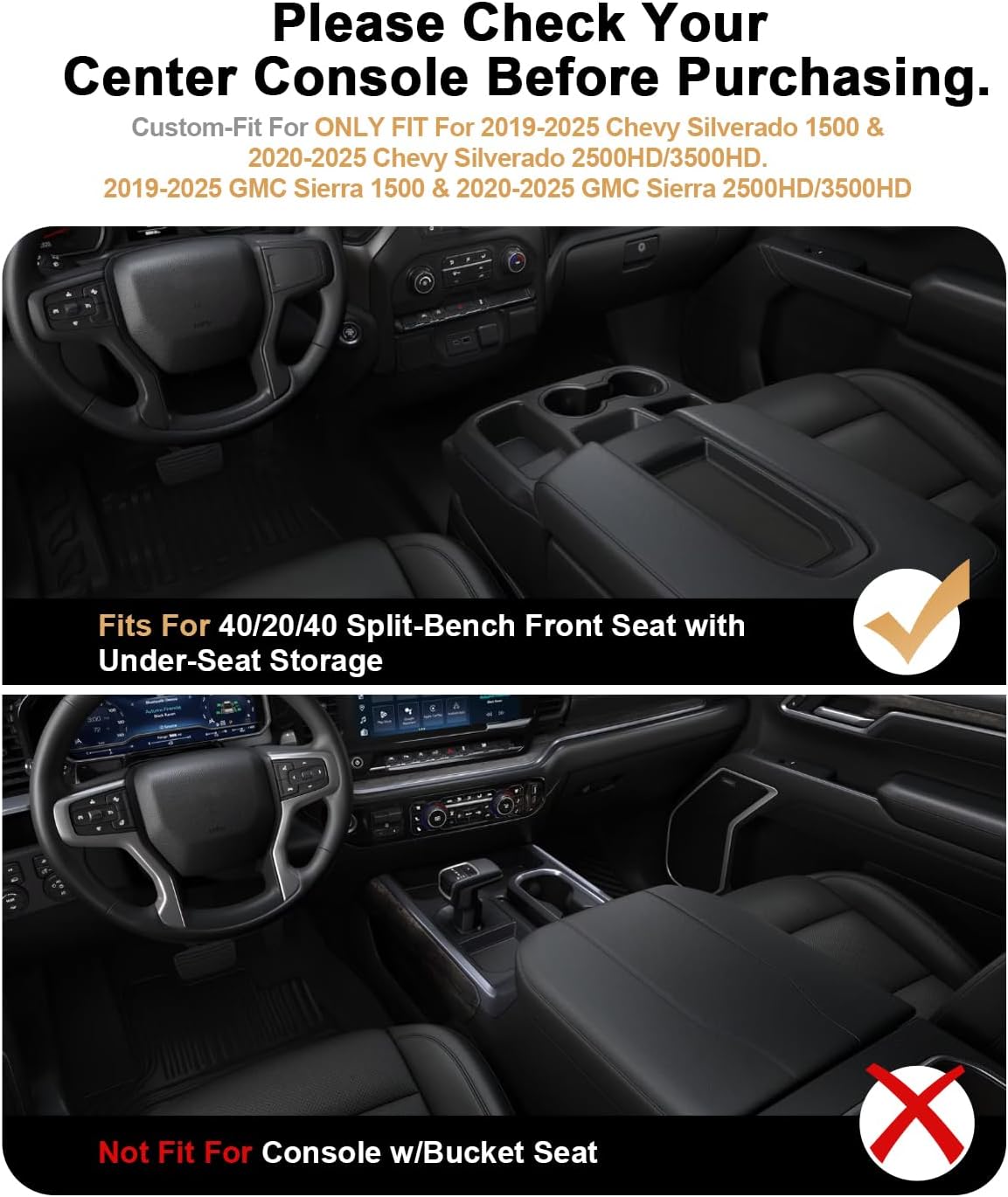 2026 Silverado 1500 Center Console Organizer For 2019-2026 Chevy Silverado 1500/GMC Sierra 1500/2020-2026 Silverado/Sierra 2500HD/3500HD Accessories Center Console - Only Fit Split-Bench Front Seat