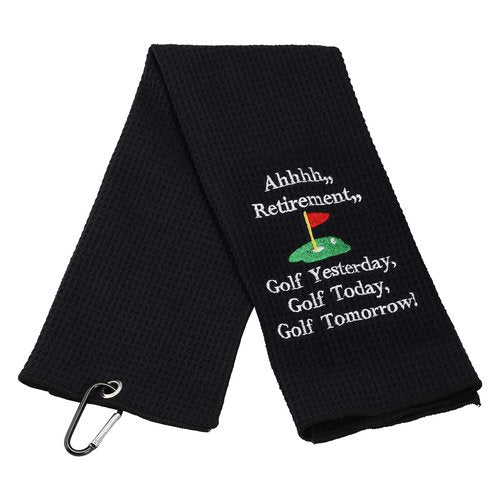 LEVLO Ahhhh Retirement Golf Yesterday Golf Today Golf Tomorrow Embroidered Golf Towel with Clip Golf Gift for Men/Women (Ahhhh Retirement-Black)