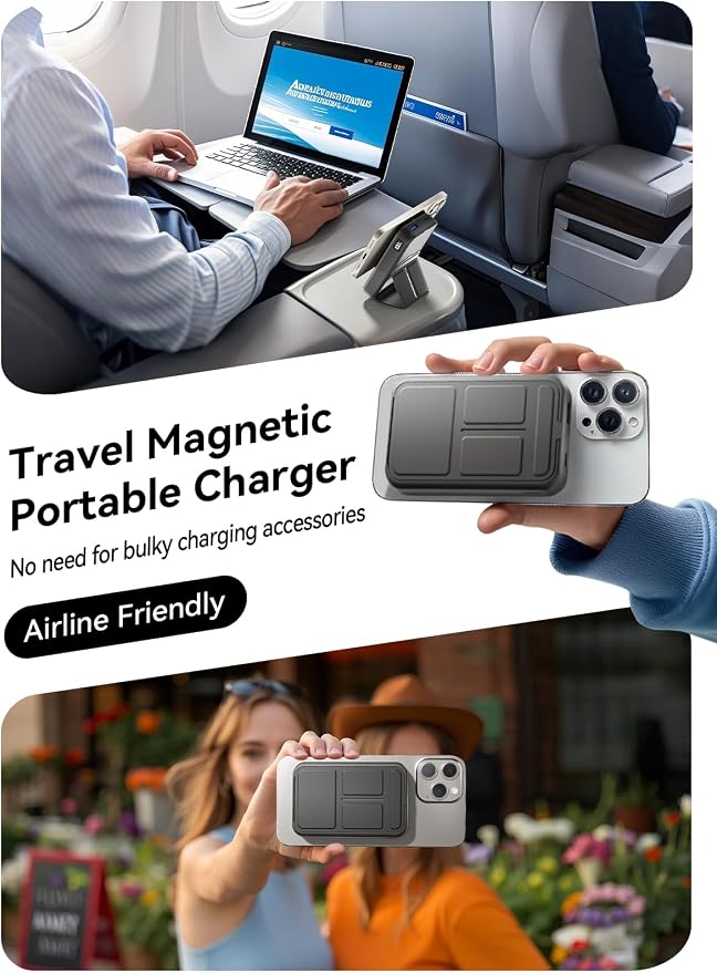 Magnetic Portable Charger, 10000mAh Power Bank Compatible with MagSafe, 20W Fast Charging, Foldable Wireless Battery Pack for iPhone 17/16/15/14 All Series, Travel Essentials