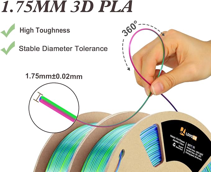 LOVOON Silk PLA 3D Printing Filament Bundle 2KG, PLA Filament 1.75mm Shiny
