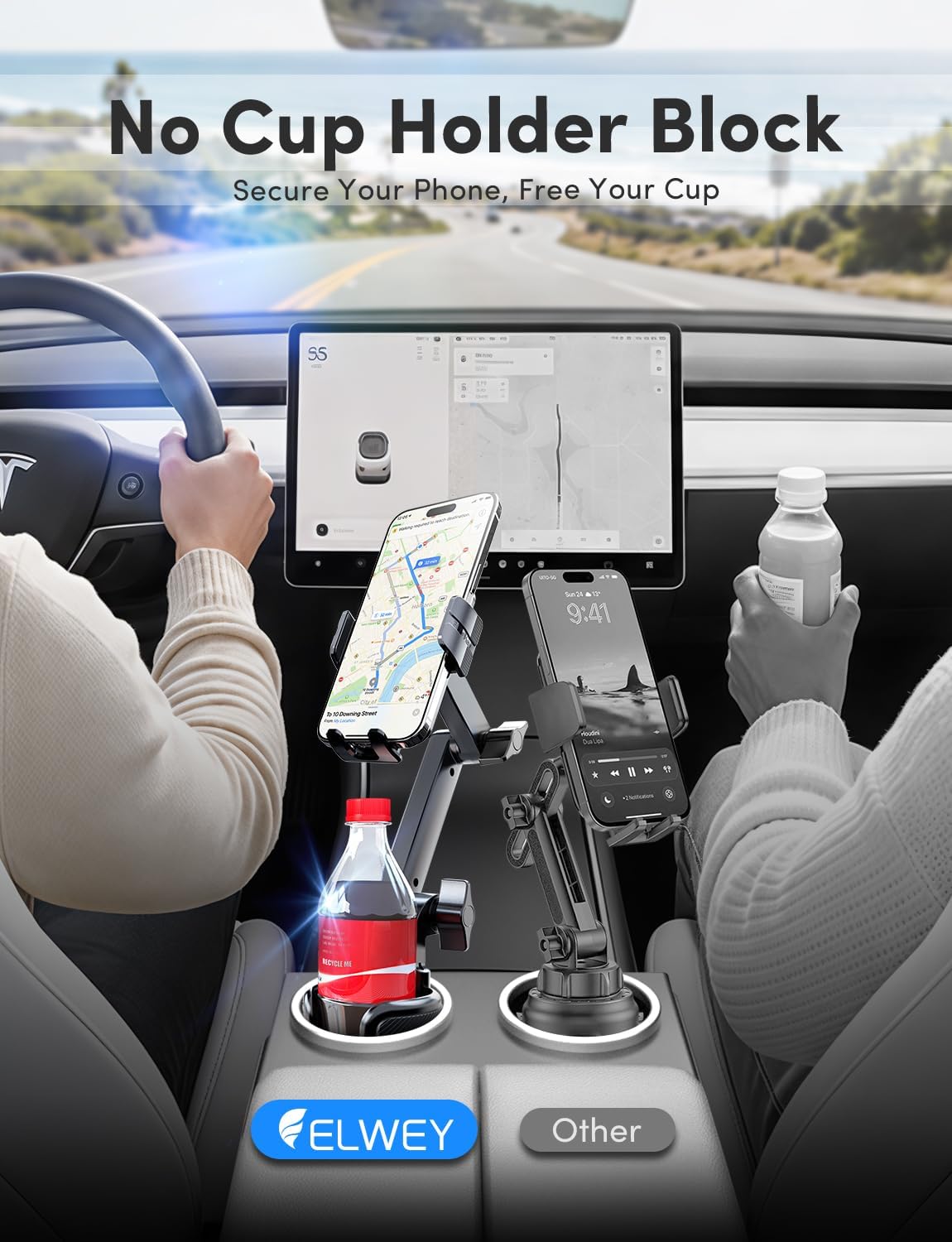 ELWEY Car Cup Holder Phone Holder, 15" Height Phone Mount Fit 2.6-4.8" Car Cupholder, 360° Swiveling Phone Holders for Your Car Fits iPhone 17 16 Pro Max & 4.7-7" Cell Phones