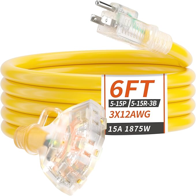 PlugSaf 6 FT 12/3 Gauge Outdoor Extension Cord with Multiple Outlets Light Indicator, Flexible 3 Outlet Weatherproof Heavy Duty Extension Cord Waterproof Yellow, 15A 1875W 12AWG SJTW, ETL Listed