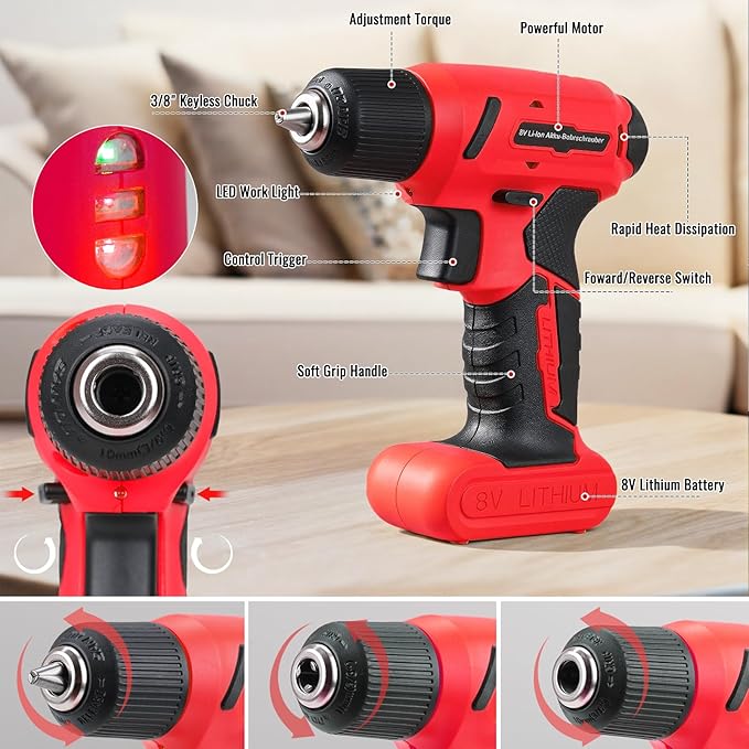 TLGREEN 101 Pcs 8V Cordless Drill and Tool Set, USB-C Rechargeable Power Tool Kit with Brushless Motor & Fast Charge, Lightweight Home Tool Kit for DIY, Repair, and Maintenance with Storage Case（Red)