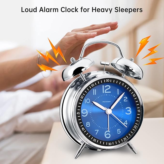 Peakeep Loud Alarm Clock for Heavy Sleepers Adults, Metal 4.5 Inches Twin Bell