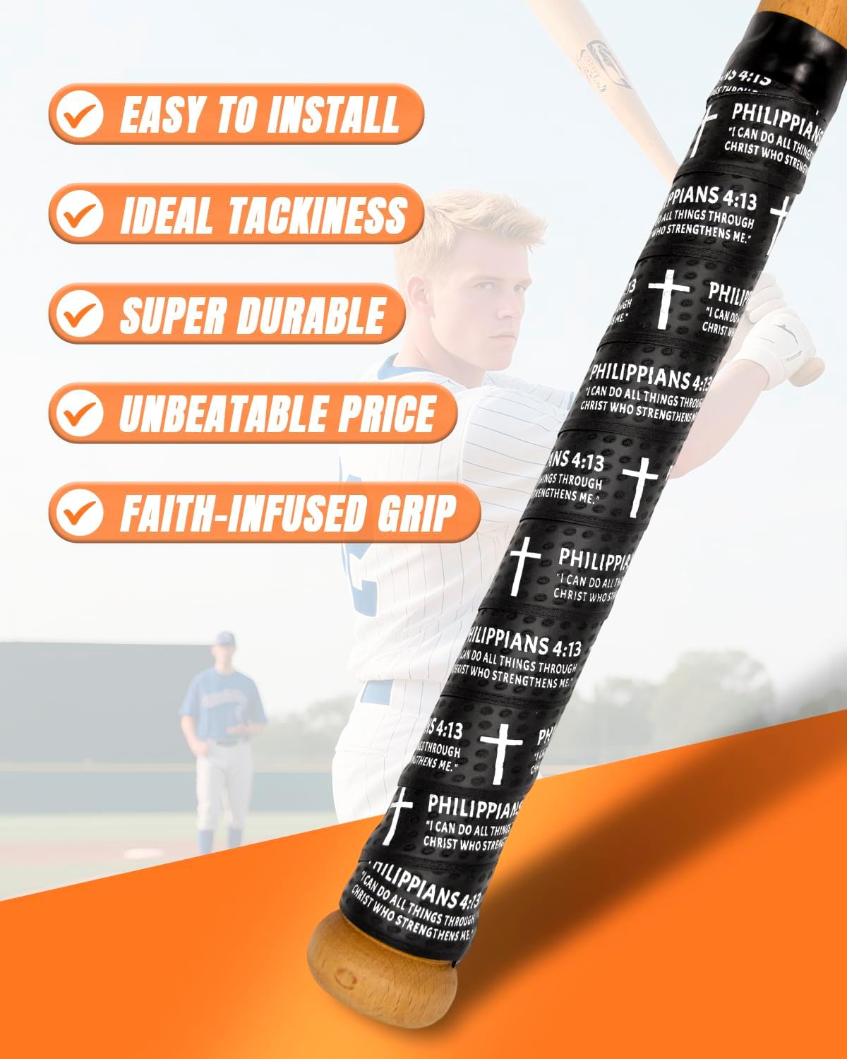 Piemow Baseball Bat Grip Tape - Faith Cross Design | Non-Slip 1.5mm Precut Adhesive for Sports