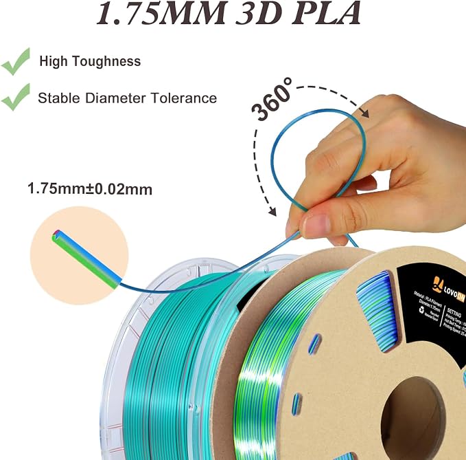 LOVOON Silk PLA 3D Printer Filament Bundle 2 KG, PLA Filament 1.75mm, Shiny