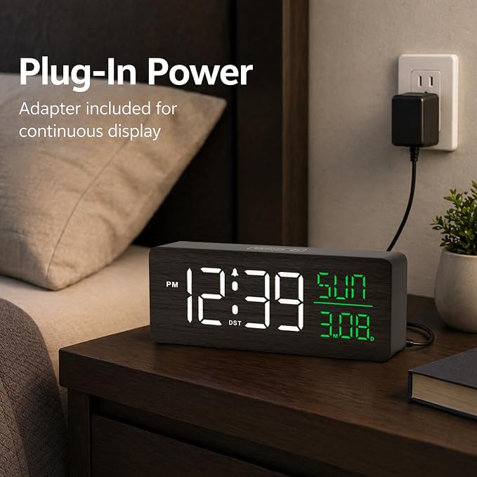 Peakeep Wooden Digital Alarm Clock Large Display, Textured Decoration