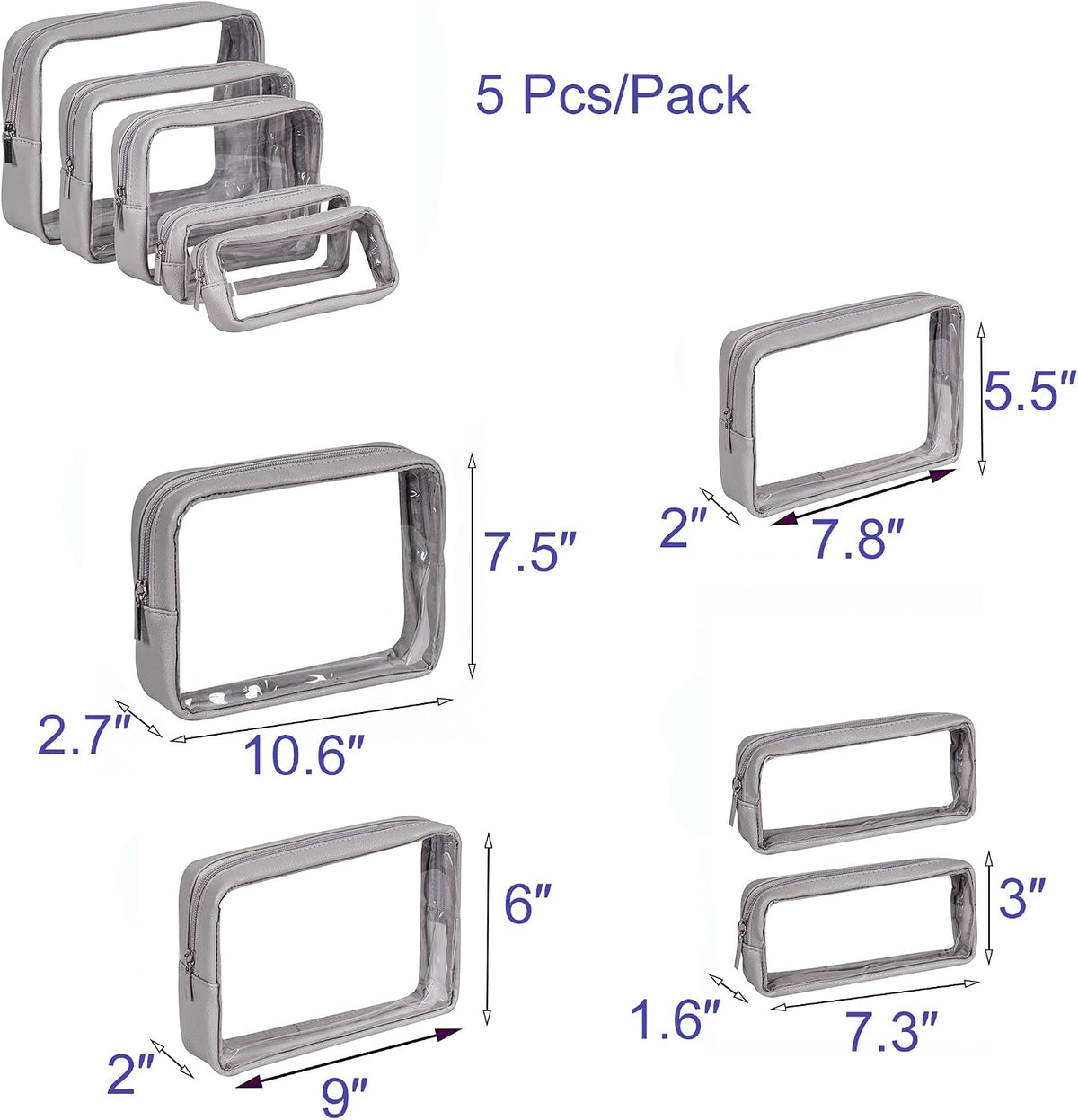 Remobia Hicol TSA Approved 5-Piece Diaper Bag Organizer Pouch Set Clear Waterproof TPU Kids Toiletry Storage Set Travel Packing Clutch Cube Bags for Baby Nursing (Light Gray)