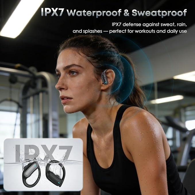 Wireless Earbuds Bluetooth Headphones, 54H Playtime Full Stereo Over Ear Buds with ENC Noise Cancelling, LED Power Display, IPX7 Waterproof Sport Earphones with Earhooks for Running/Workouts Black