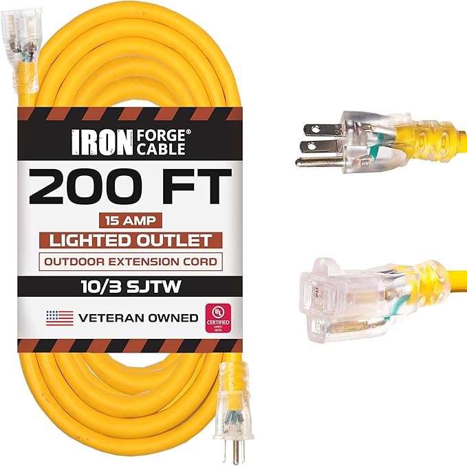 Iron Forge Cable Outdoor Extension Cord 200 Ft - 10 Gauge Heavy Duty Extension Cord, 15 AMP, 10/3 Yellow Power Cable SJTW Weatherproof with 3 Prong
