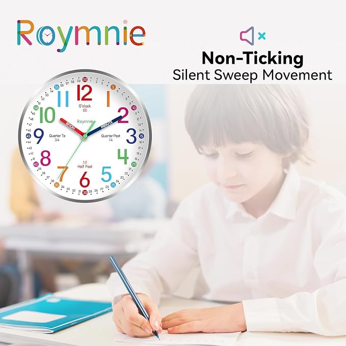 Roymnie Wall Clock for Kids Learning to Tell Time Easily Non Ticking Battery