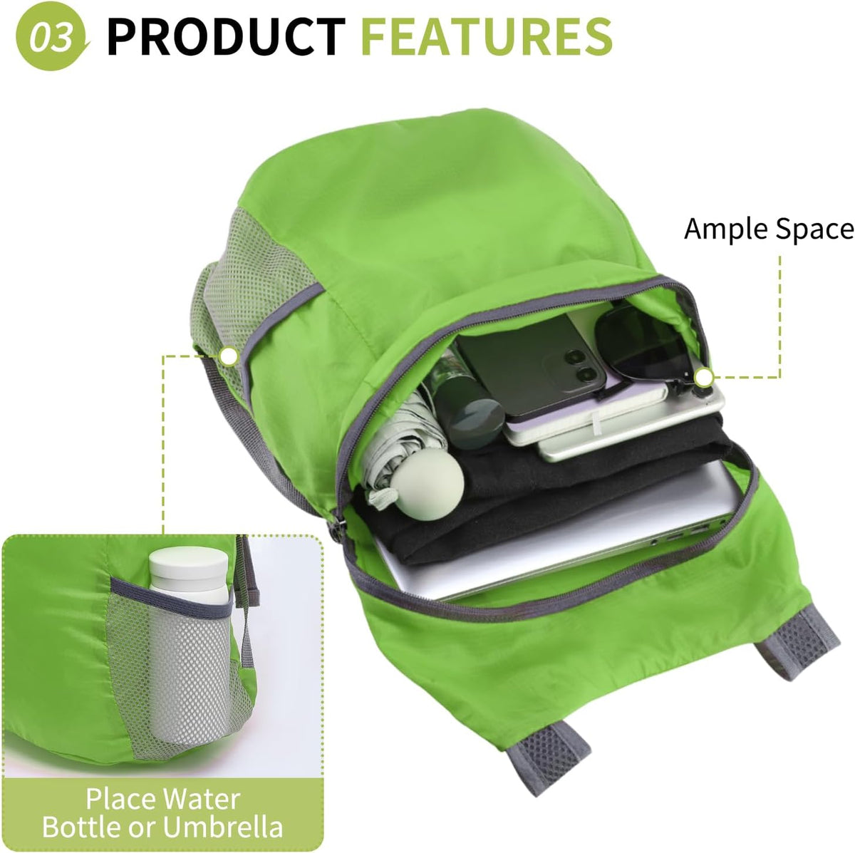 Skiennix 20L Ultra Lightweight Hiking Daypack - Foldable Travel Backpack for Camping & Cycling | Green