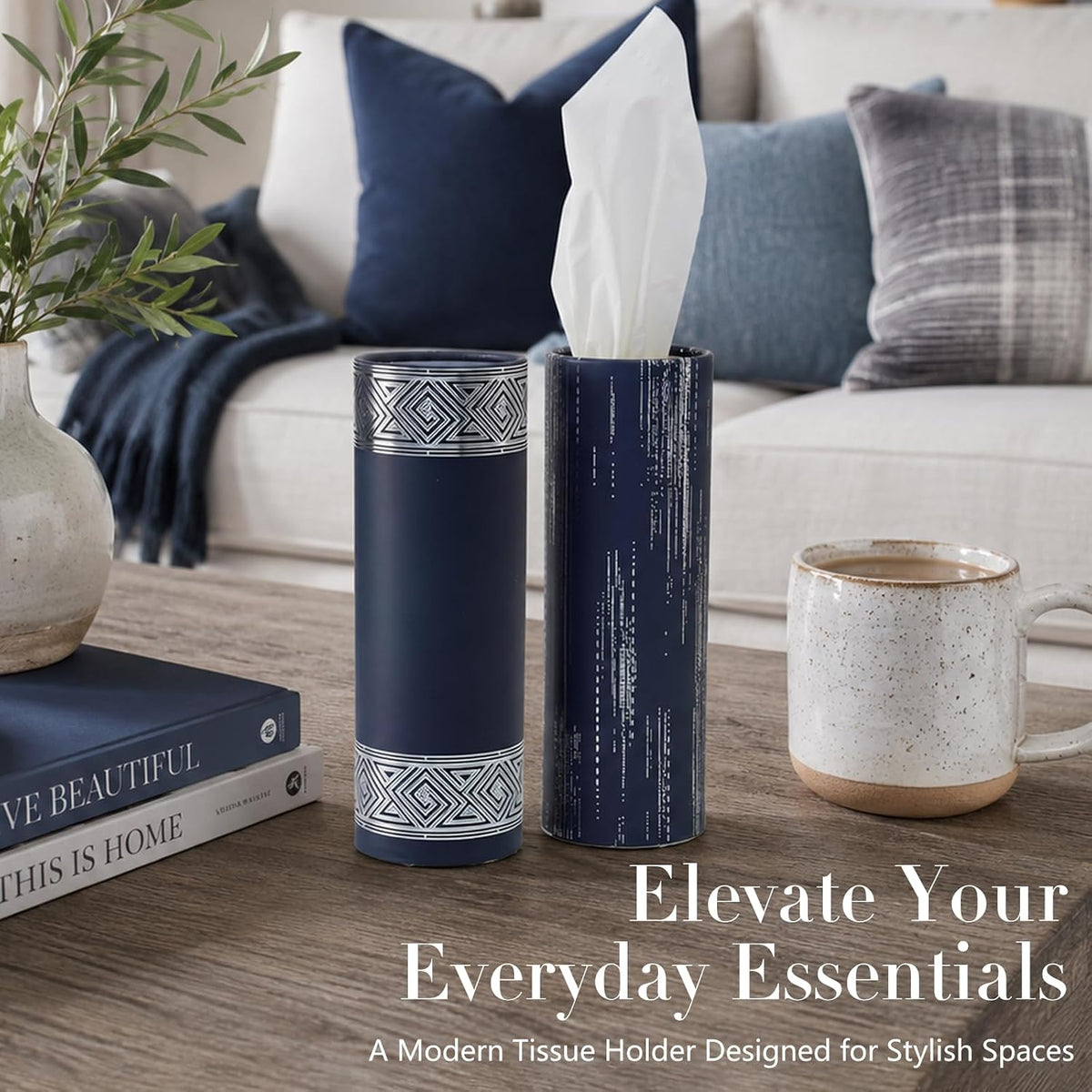 4 Pack Navy Blue Car Tissue Holder with Facial Tissues Bulk, Silver Foil