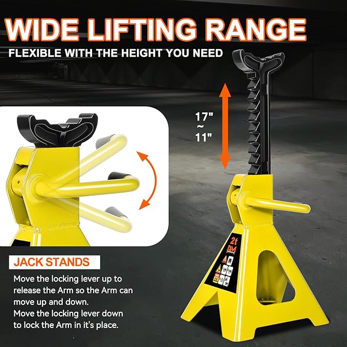PM PERFORMOTOR Low Profile Hydraulic Trolley Service/Floor Jack Combo with 2 Ratchet Jack Stands, 2 Ton (4000 lbs) Capacity, Yellow,PM-TOL-FJ3P-YL