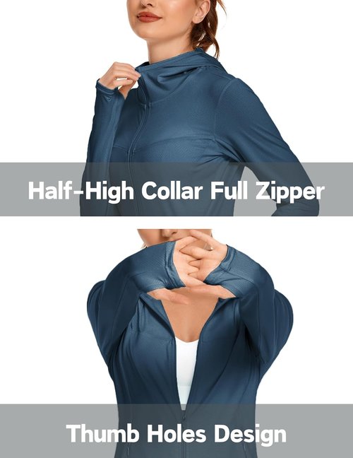 COOrun Women's Sun Protection Hoodie Jacket - UPF 50+ Long Sleeve Athletic Zip Jacket with Pockets