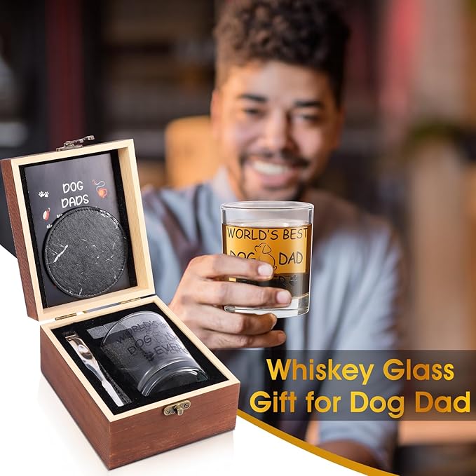 Dog Dad Gifts, Best Gift for Dad, Gift with 12oz Whiskey Glasses, Stones, Coaster, Wooden Box for Dogfather