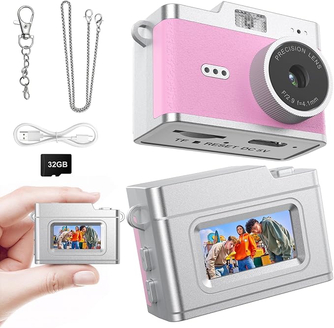 Mini Keychain Digital Camera 1080P, Ultra-Portable Small Retro Camera 32GB Card