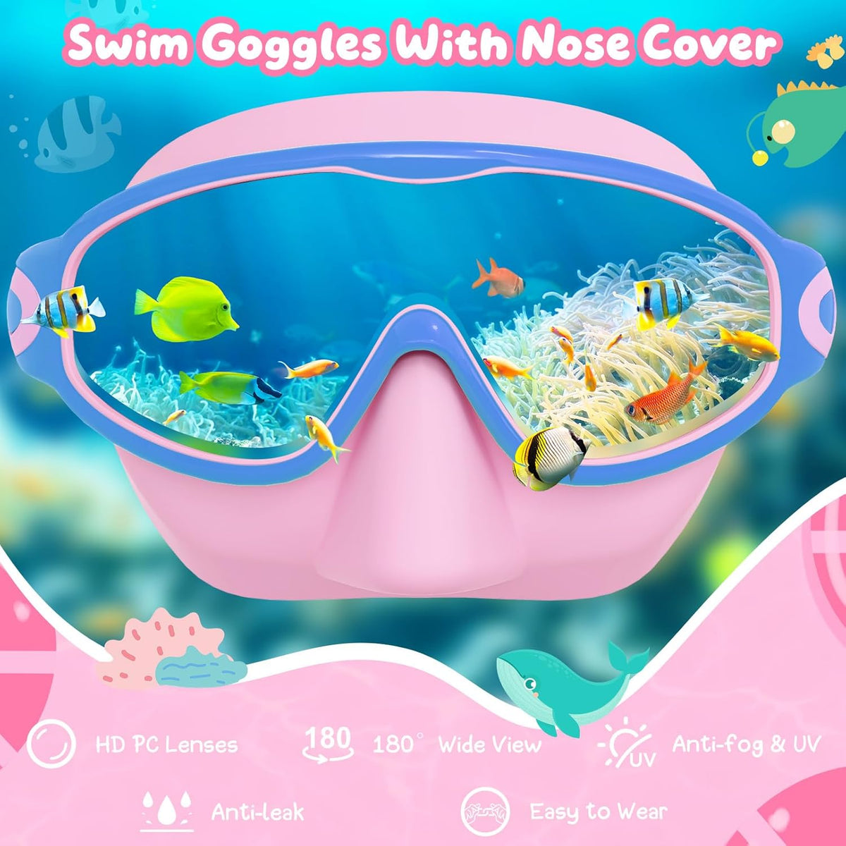 VegoVia Kids Swim Goggles - Anti-Fog UV Protection with Nose Cover | 2 Pack for Ages 3-15