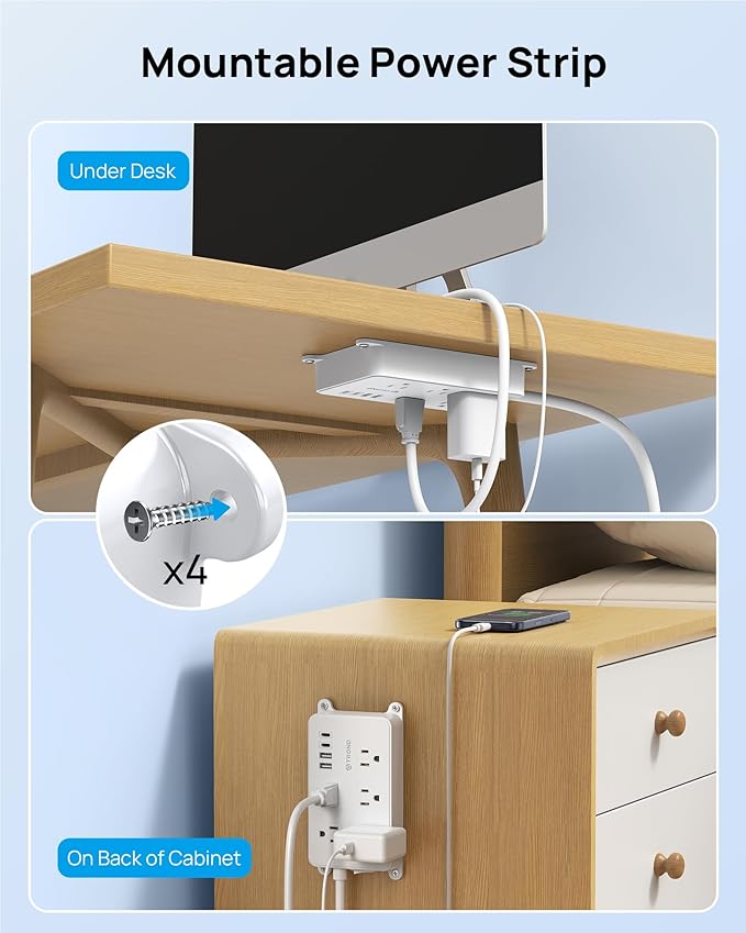 TROND 360° Rotating Power Strip, 5 Widely-Spaced Outlets with 2 USB A and 2 USB C, ETL Listed, 1300J Surge Protector, Wall Mountable, Flat Plug 5ft Extension Cord, for Home Office, Under Desk, White