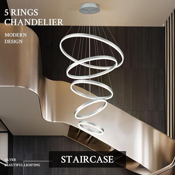 5-Rings D31.5in Modern LED Chandelier Silver Dimmable High Ceiling Chandeliers