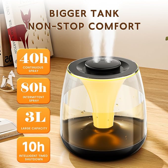 Humidifiers for Bedroom, 3 L Cool Mist Top-Fill 40H Super Long Time, 23dB Quiet, Baby Humidifier, Oil Diffuser for Large Room, Plants, Nursery, Office, Colored lights (black)
