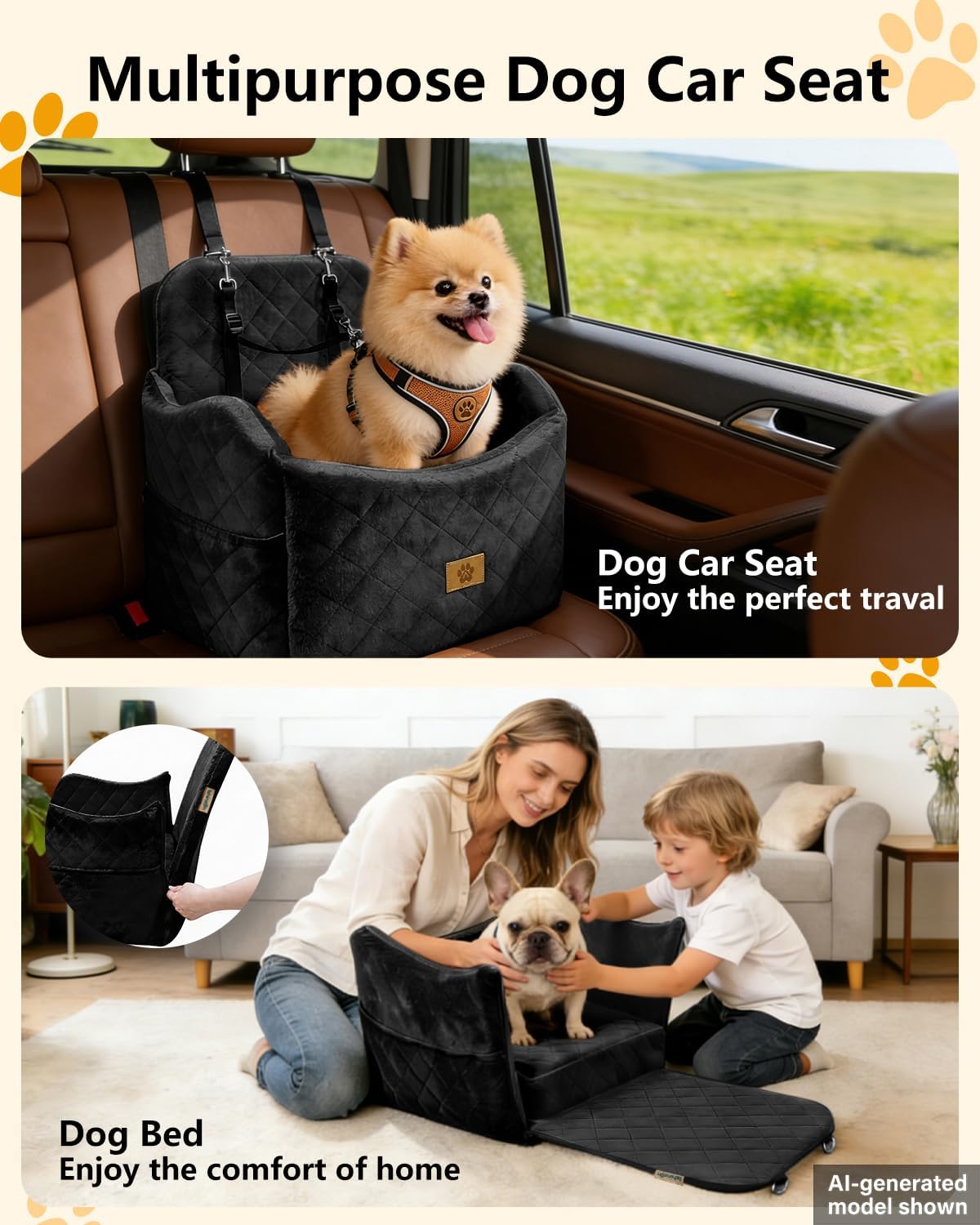 Dog Car Seat for Small/Medium Dogs Up to 35 lbs, 2-in-1 Pet Car Seat with Memory Foam, Machine Washable Dog Bed for Cars, Non-Slip Pet Booster Carseat with Safety Leashes, Storage Pockets (Black)