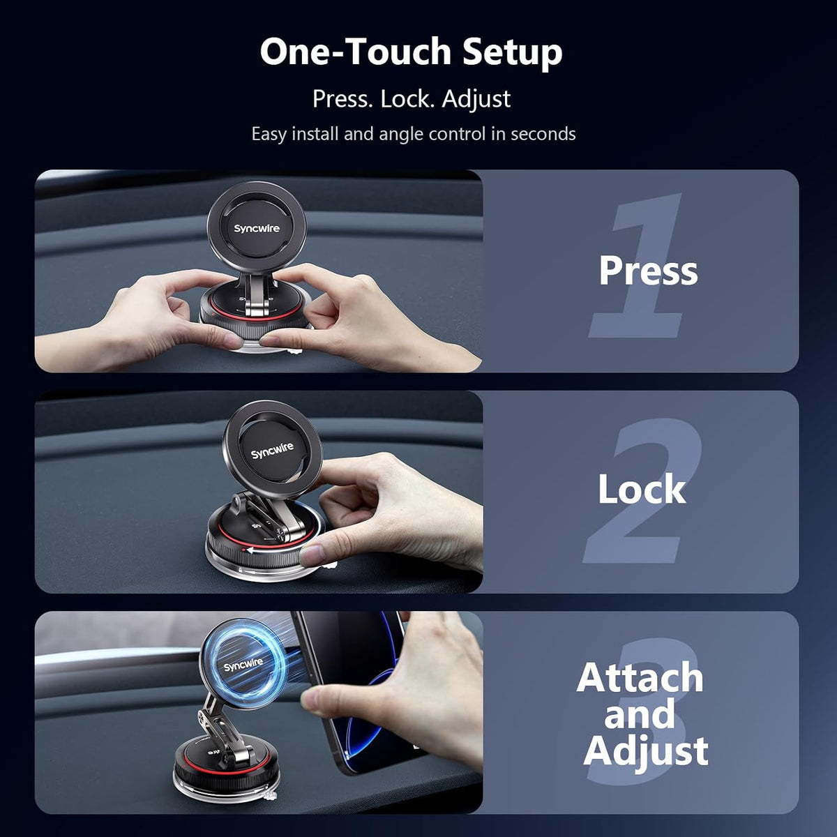 SYNCWIRE for MagSafe Car Mount [3-Axis] Nano Adhesive Gel + Strong Suction Cup Magnetic Phone Holder for Dashboard & Windshield, 360° Adjustable for iPhone 17 16 15 14 13 12, Samsung, Matte Black