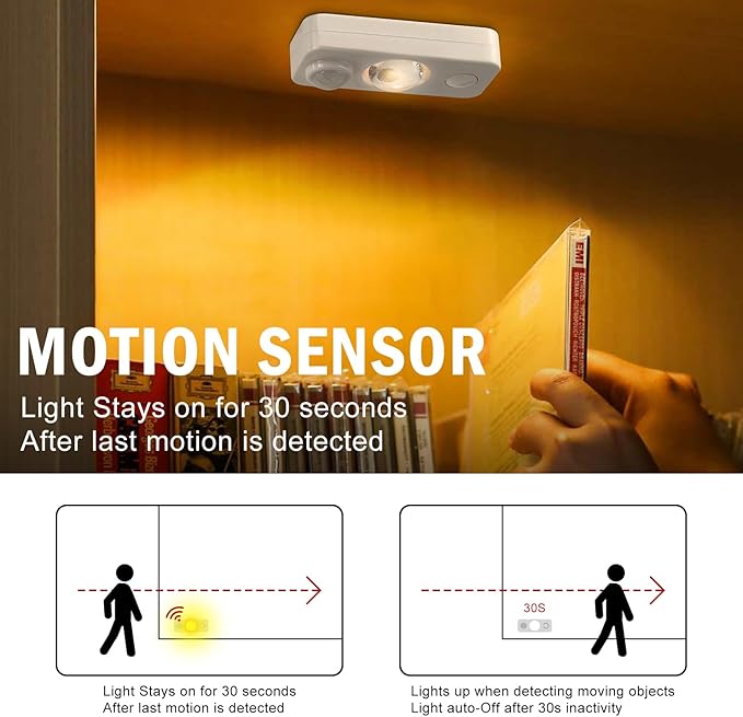 LED Motion Sensor Puck Lights, Rechargeable Under Cabinet Lighting Wireless, Dimmable Night Light, Under Counter Lights for Kitchen, Display Shelf, Closets (4 Pack)