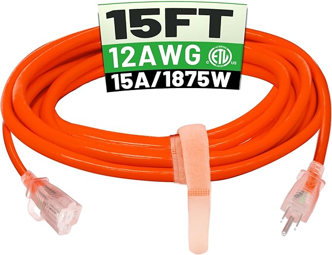 POWGRN 15 ft 12/3 Outdoor Extension Cord Waterproof Heavy Duty with Lighted Indicator End 12 Gauge 3 Prong, Flexible Cold-Resistant Long Power Cord Outside, 15Amp 1875W SJTW Orange ETL Listed