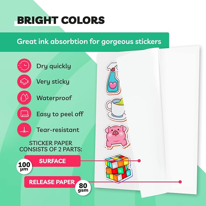 Sticker Paper for Inkjet Printer -, 8.5 x 11" Letter Size, Glossy White Vinyl