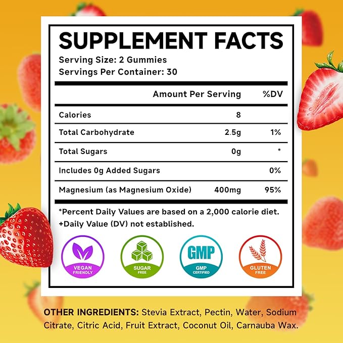 Magnesium Oxide Gummies 400mg, Chewable Magnesium Oxide Supplement for Adults & Kids, Nerve & Muscle Support, Non-GMO, Sugar-Free, Strawberry Flavor, 60 Count