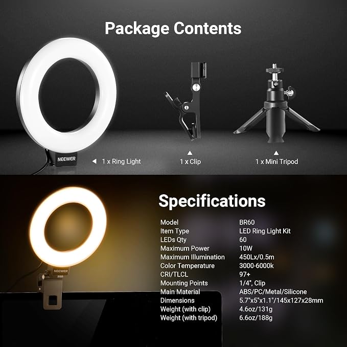 NEEWER Basic 5" Ring Light for Video Conference Lighting, Clip on Light Kit